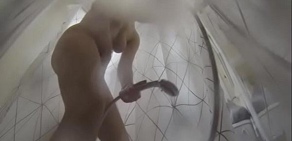  Spying a sweet 18yo babe in the shower, look at that hairy pussy!